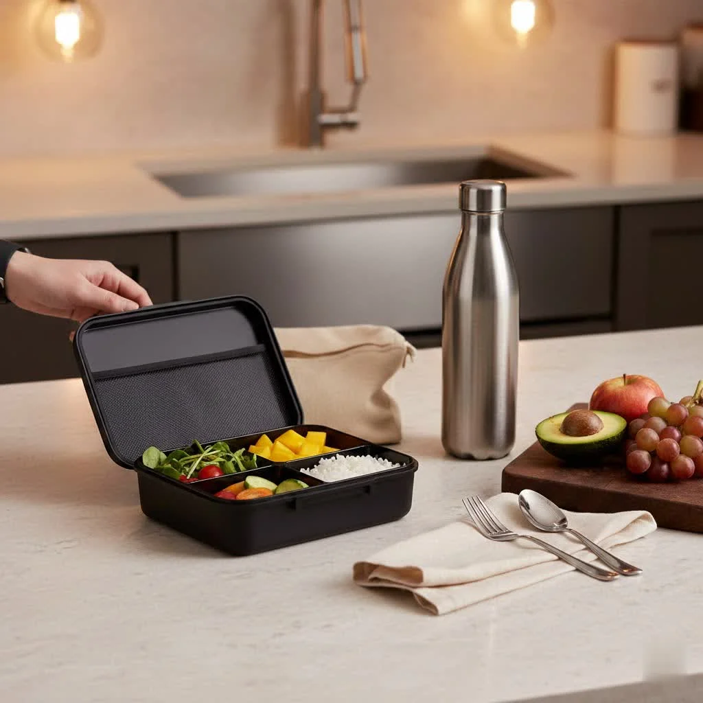 Child's lunch box with healthy food