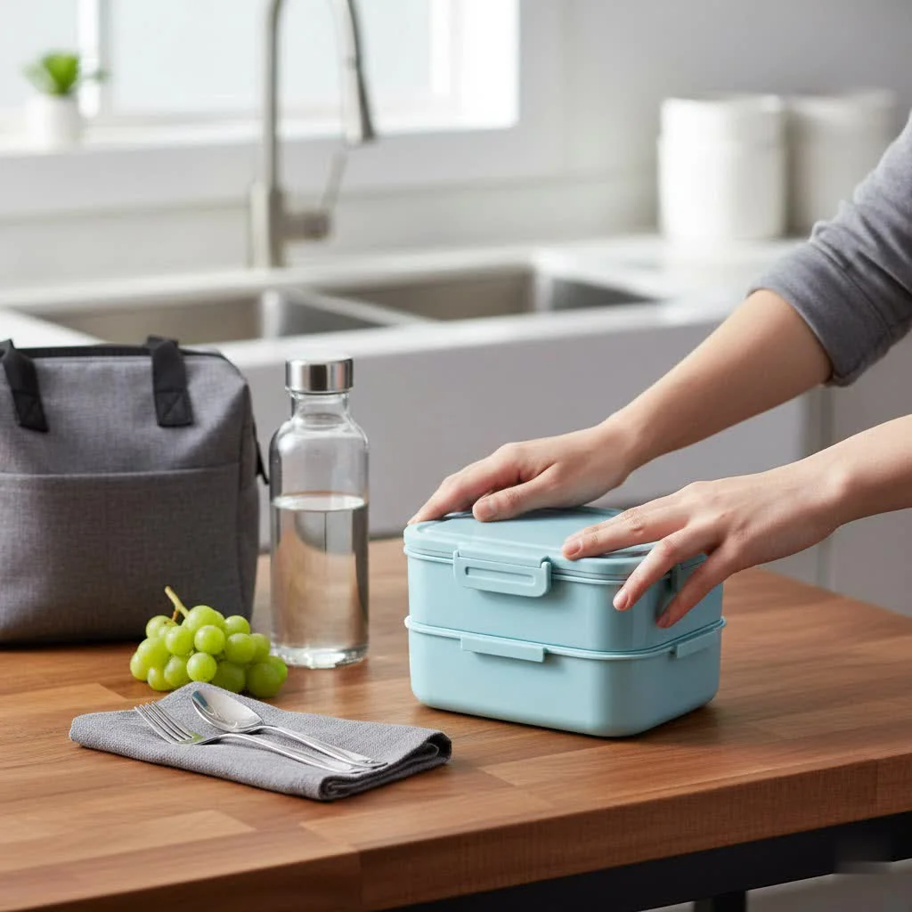 Portable heated lunch box with food inside